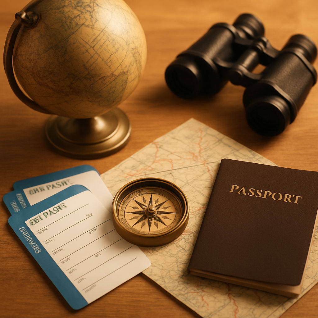 Travel essentials — globe, compass and maps on a wooden desk