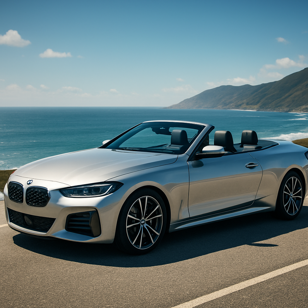 Sleek convertible car parked on a scenic coastal road with ocean views