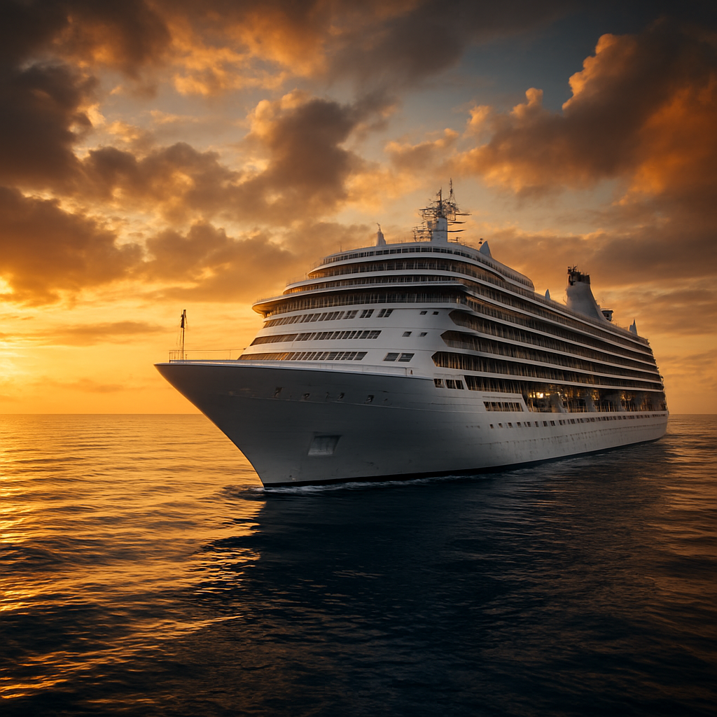 Majestic luxury cruise ship sailing on calm blue ocean at golden hour