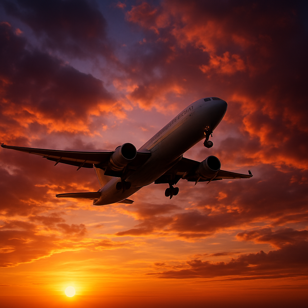Commercial airplane soaring through a golden sunset sky