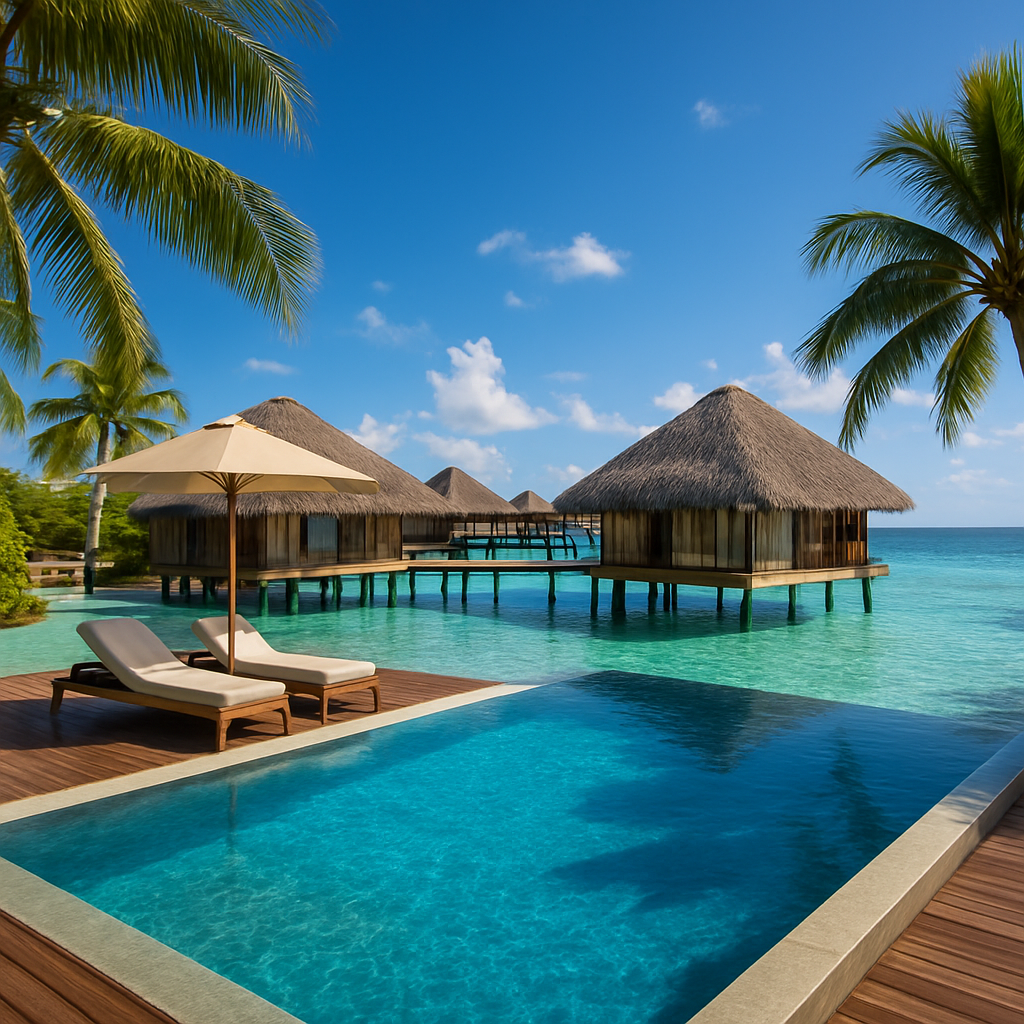 Luxurious overwater bungalow resort in a turquoise tropical lagoon