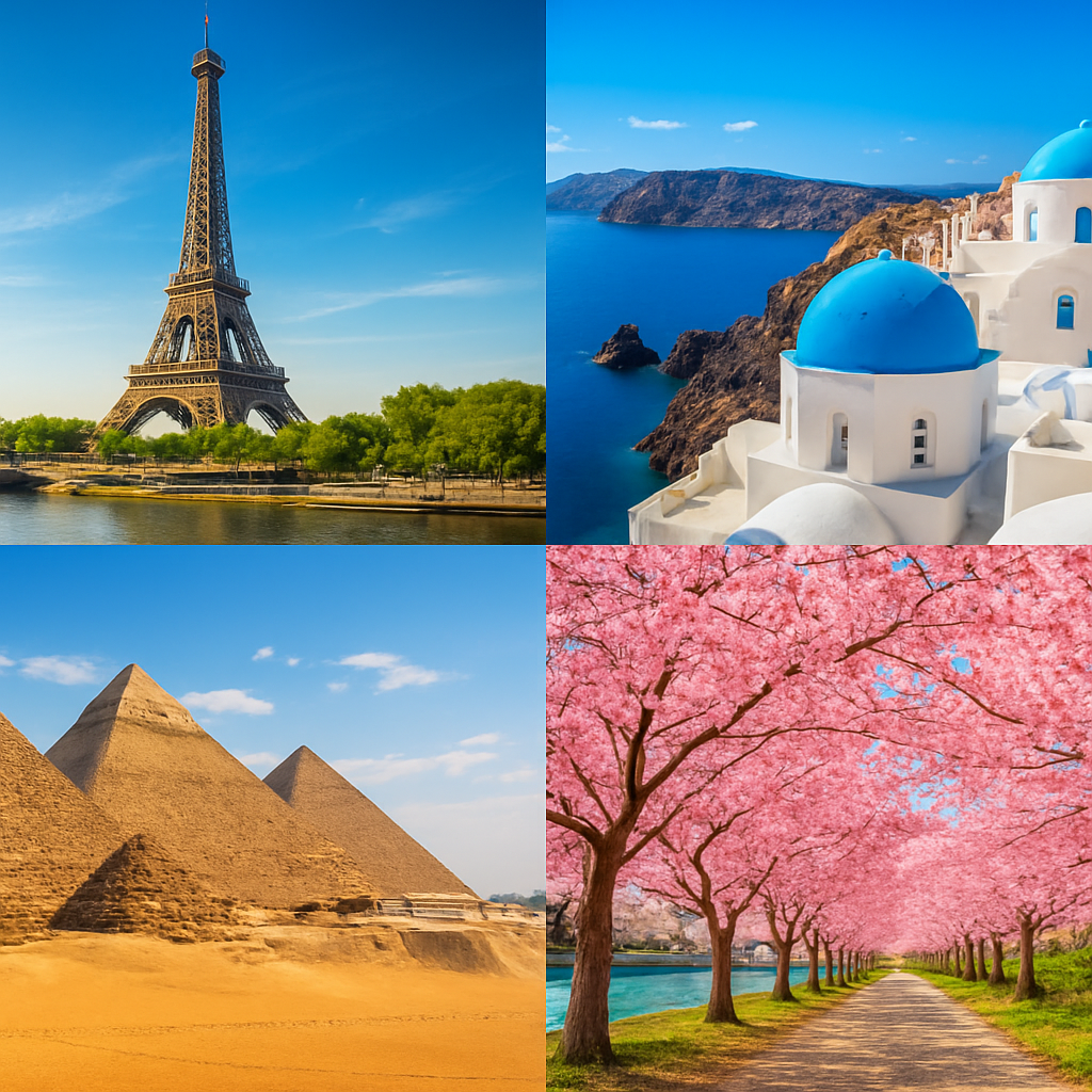 Collage of iconic world destinations including Paris, Santorini and Japan